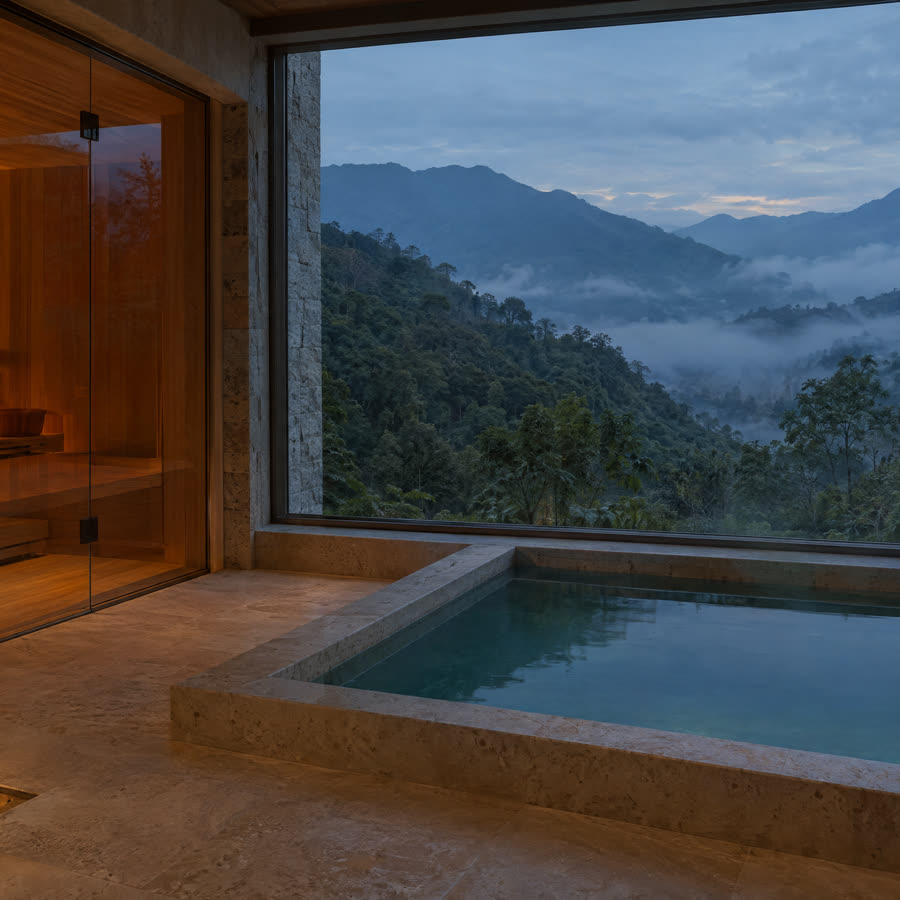 Sauna de madera y piscina de inmersión fría frente a un valle con niebla