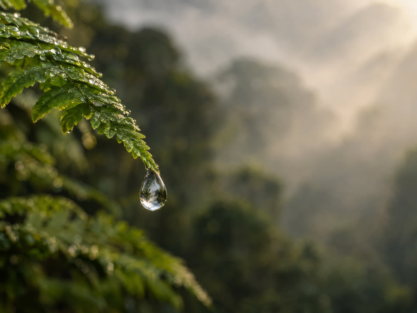 Gota de agua suspendida en la punta de un helecho, con bosque de niebla al fondo